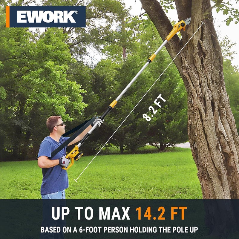EWORK 20V 8-Inch Cordless Pole Saws for Tree Trimming, Extension Up to 14.2-Ft, Lightweight Only 6.5 Lbs, Auto Oiling Electric Pole Saw Battery Powered with Battery and Charger - EK-TT2008Y - Image 2